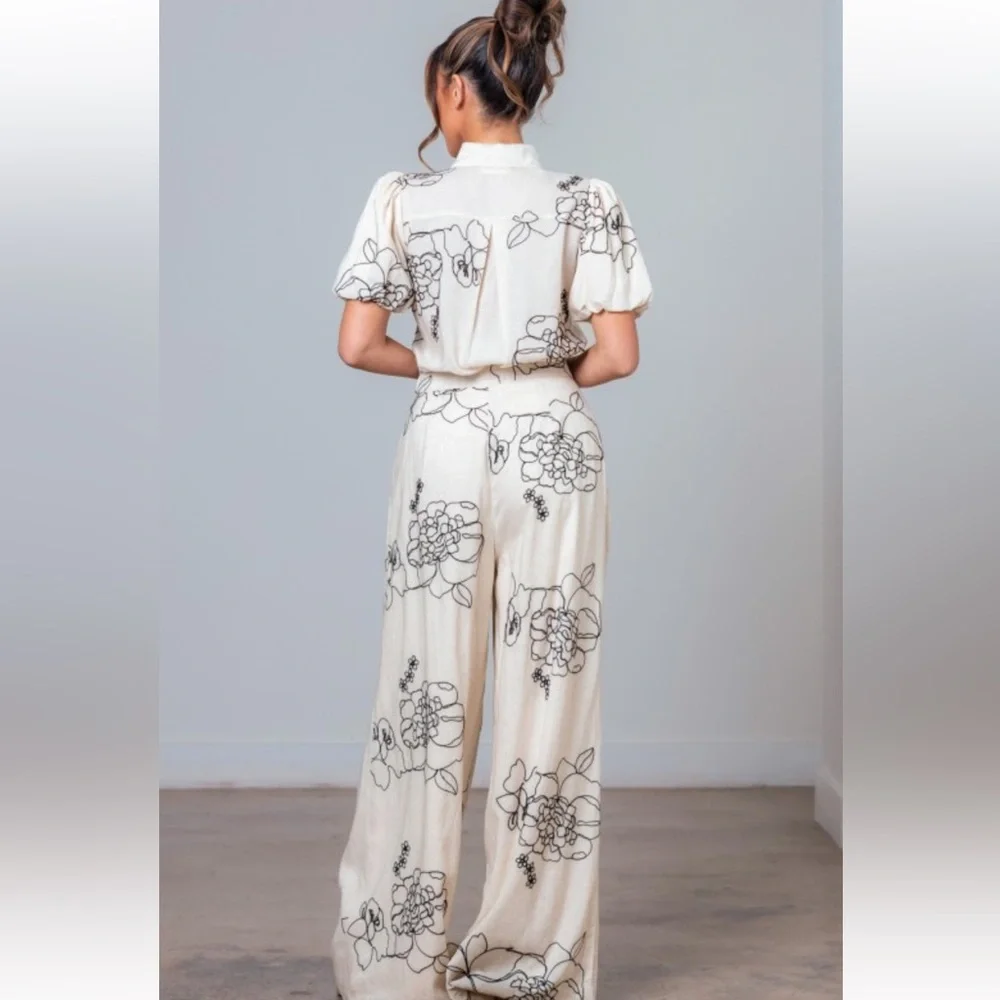 255. Embroidered Cream Floral Bubble sleeve Wide-Leg pants set - Picture 7 of 7